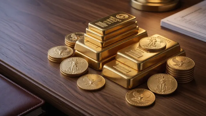 Stack of investment-grade gold bars and coins